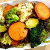 Roasted Veggies | Gf · Broccoli, cauliflower, carrots and brussels sprouts roasted in extra virgin olive oil and ba...
