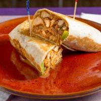 Spicy Chicken Wrap (French) · Grilled chicken, cheddar & Monterey jack, grilled onions, bell pepper, jalapeño, tomatoes, g...