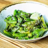 Blistered Shishito Peppers · Wood grilled with olive oil, sea salt and lime