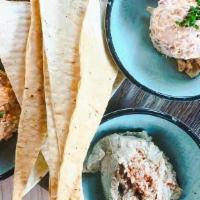 South Park Dip Platter · Artichoke and tomato spread, hummus, and pimento cheese, served with house made Citra-hopped...