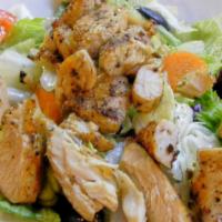 Grilled Chicken Salad (Small) · A fresh garden mixture of romaine and iceberg lettuce topped with grilled marinated chicken ...