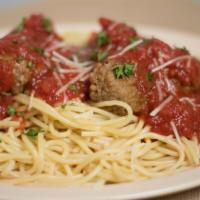 Spaghetti With Meatballs · Served with meat sauce or marinara sauce and garlic bread.
