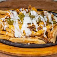 Cheese Fries · Choice of grilled chicken, bacon,  or chorizo with cheese and jalapeños.