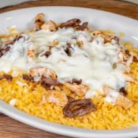 Happy Plate  · Your choice of Grilled Chicken, Steak, or Shrimp, on a bed of Rice With smothered cheese.