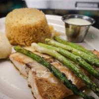 Salmon Plate. · Eight oz. salmon fillet topped with alfredo sauce and grilled asparagus. Alfredo sauce and g...