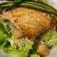 Salmon Salad · Salmon, romaine lettuce, parmesan cheese, croutons and caesar dressing. Served with grilled ...