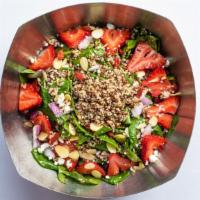 Spinach Salad · 320 cal. Spinach, quinoa, strawberries, red onion, organic goji berries, almonds, goat chees...