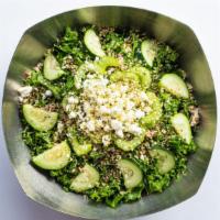 Kale Salad · 420 cal. Kale, quinoa, cucumbers, celery, organic hemp seeds, goat cheese, housemade turmeri...