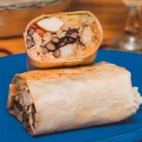 Shrimp & Chicken Burrito · Blackened shrimp & seasoned chicken wrapped with black beans, rice, roasted red peppers, gua...