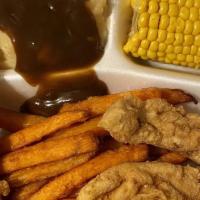 Kids Fried Chicken Tenders · Served with French fries and hush puppies.