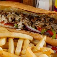 Philly Cheese Steak Sandwich · Beef grilled onions & peppers, Swiss cheese and mayonnaise.