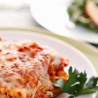 Baked Ziti · Penne noodles tossed in marinara & baked with Mozzarella and Romano cheese. No meat.