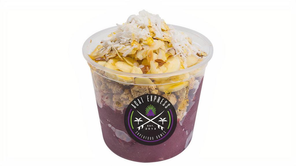 Cocoa Beach Bowl · Acai blended with coconut milk, banana, strawberries and peanut butter. Topped with granola, banana, raw almond slices, coconut flakes and honey.