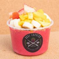 Pink Dragon Bowl Lg · Pitaya blended with apple juice, banana, strawberries. Topped with granola, banana, mango, s...