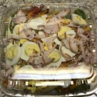 Large Salad · Salad cheese tomatoes onions pickles cucumbers red peppers dressing dried onions raisins egg...