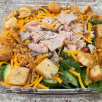 Spinach Salad With Turkey · Spinach salad with low salt turkey meat, cherry tomatoes, shredded cheese, slice pickles, sl...