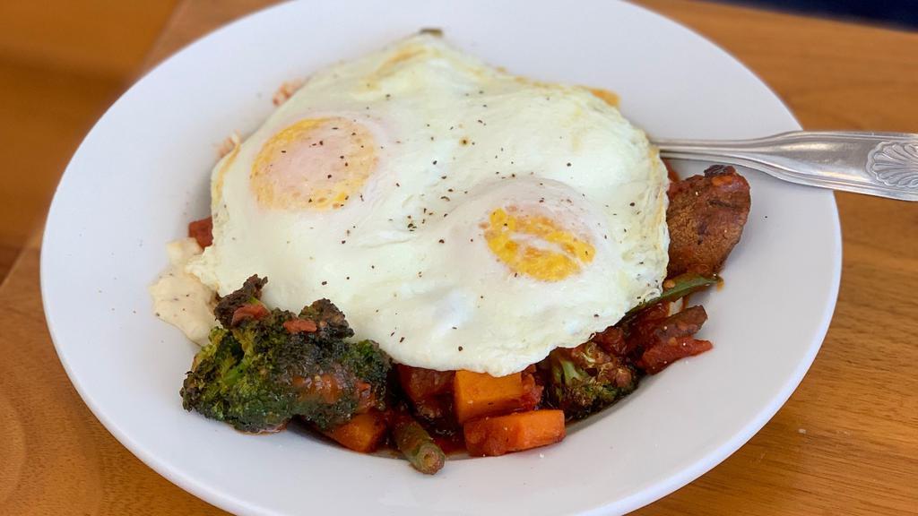 Roasted Veggie Bowl · Butternut Squash, Green Beans, Mushrooms, Broccoli, Topped with Tomato Gravy and 2 Eggs Any Style