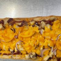 Bbq Chicken Flatbread Pizza · BBQ Sauce, grilled chicken, red onions,
crisp bacon and cheddar cheese