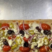 Greek Flatbread Pizza · Grape tomatoes, olive oil, mozzarella
cheese, Kalamata olives, red onion,
pepperoncini peppe...