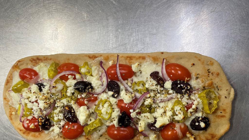 Greek Flatbread Pizza · Grape tomatoes, olive oil, mozzarella
cheese, Kalamata olives, red onion,
pepperoncini peppers, feta cheese and
oregano