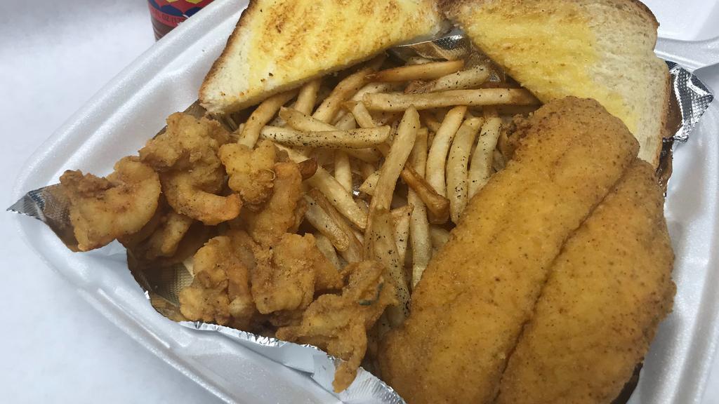 Half And Half Plate (Fish & Shrimp) · Served with 2 fried Catfish Strips, 1 serving of fried Shrimp, fries and toast