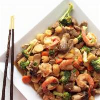Happy Family · Shrimp, Scallop, Roast Pork, Chicken, Beef, Mushrooms, Bamboo Shoots, Snow Peas, and Chinese...