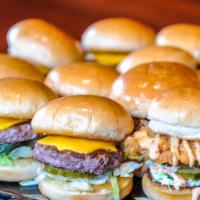 Slider Party Platter · 10 Cheeseburger Sliders and 10 Crispy Chicken Sliders