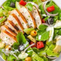 Cajun Chicken Salad. · Fresh green lettuce mix, tomatoes, onions, green peppers, black and green olives and cheese ...