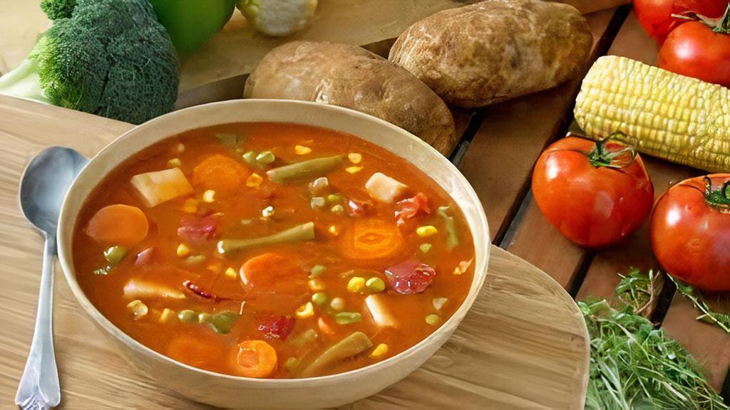 Garden Vegetable Soup (18 Oz) · Potatoes, carrots, tomatoes, corn, celery, kidney beans, green beans