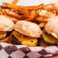 Hamburger Sliders · Three handcrafted burger bites, with American cheese, grilled onions, pickles and mustard on...