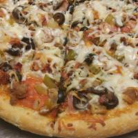 Supreme · Pepperoni, sausage, Canadian bacon, bacon, beef, black olives, onions, bell pepper and mushr...