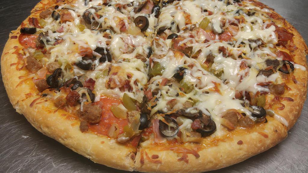 Supreme · Pepperoni, sausage, Canadian bacon, bacon, beef, black olives, onions, bell pepper and mushrooms.