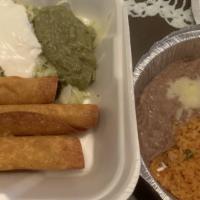 Flautas Mexicanas · Three corn tortilla stuffed with sautéed portabellas and cremini mushrooms, chicken, and che...
