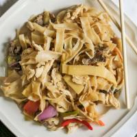 N-9. Pad Kee Mow · Pan fried wide noodles with your choice of meat, onions, bamboo shoots, carrot and bell pepp...