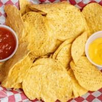 Chips, Cheese, Salsa · Crisp corn tortillas served with cheese dip & picante sauce.