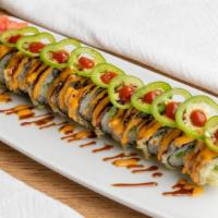 Kabuki Roll · Raw fish. Tuna, salmon, shrimp, spicy crab, cream cheese, cucumber, avocado, rolled up and f...