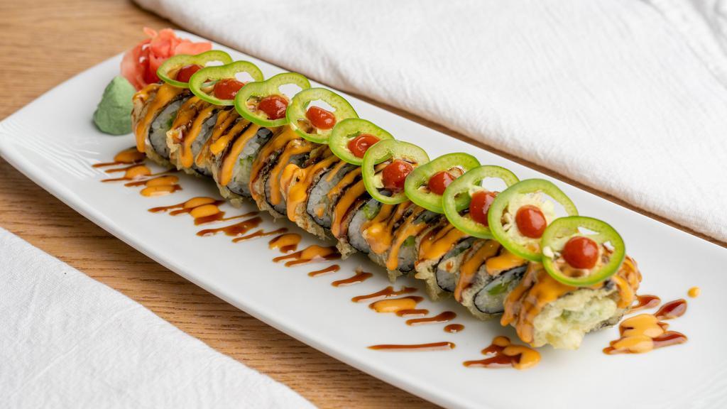 Kabuki Roll · Raw fish. Tuna, salmon, shrimp, spicy crab, cream cheese, cucumber, avocado, rolled up and fried top with jalapeÃ±o, hot sauce, eel sauce and spicy mayo.