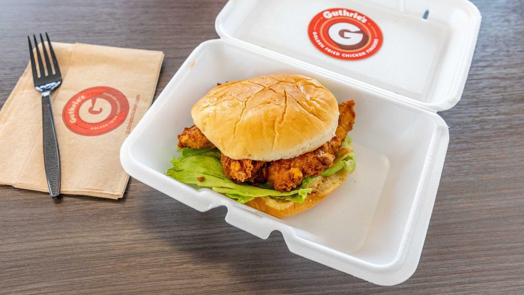 Chicken Fingers Sandwich · 3 chicken fingers, lettuce, and Guthrie's signature sauce on a toasted bun.