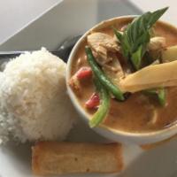 Gaeng Dang (Red Curry) With Veggies · Red curry and coconut milk with bamboo shoots, green beans, bell peppers and basil.