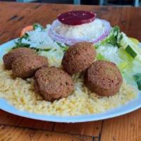 Falafel Platter · Vegeterian, Little Greek favorite!. Traditional deep fried mixture of ground chickpeas and f...