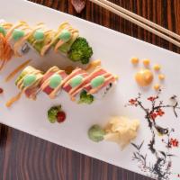 Kill Bill Roll · Spicy crabmeat, cucumber, and cream cheese inside, top with tuna, avocado, and white tuna, s...
