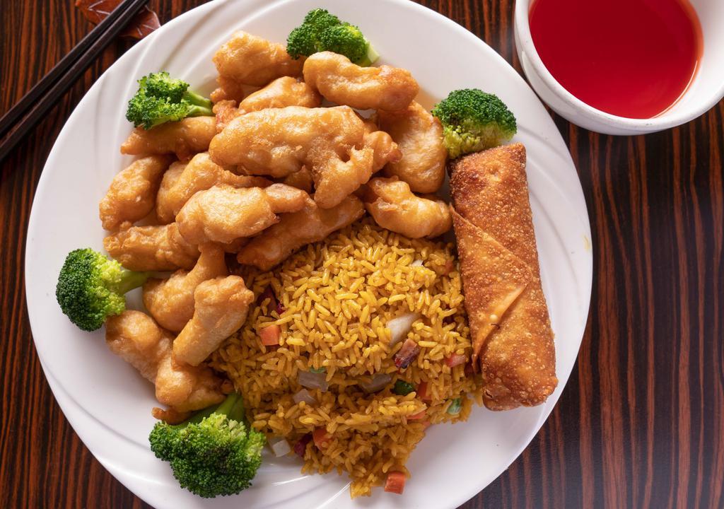 Sweet & Sour Chicken · Served with pork fried rice or white rice.
