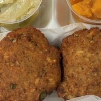 Salmon Cake · 2 Delicious, Home Made Salmon Patties, comes with 2 sides.