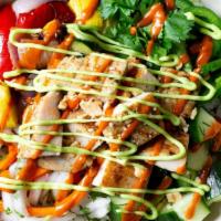 Thai  · Grilled chicken breast, jalapeno, spicy cucumber, pickled carrots, roasted veggies, chopped ...