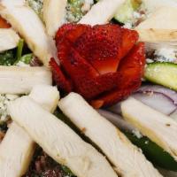 Cobb Salad · Crisp lettuce, red tomato, sweet onion, green peppers, blue cheese crumbles, smoked bacon, a...