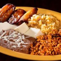 Mex Salvador Combo · Scrambled eggs with chorizo, fried plantains, cream, fresh cheese, rice and refried beans.