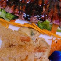 Steak Teriyaki & Shrimp Tempura Combo · Served with miso soup,house salad, white rice