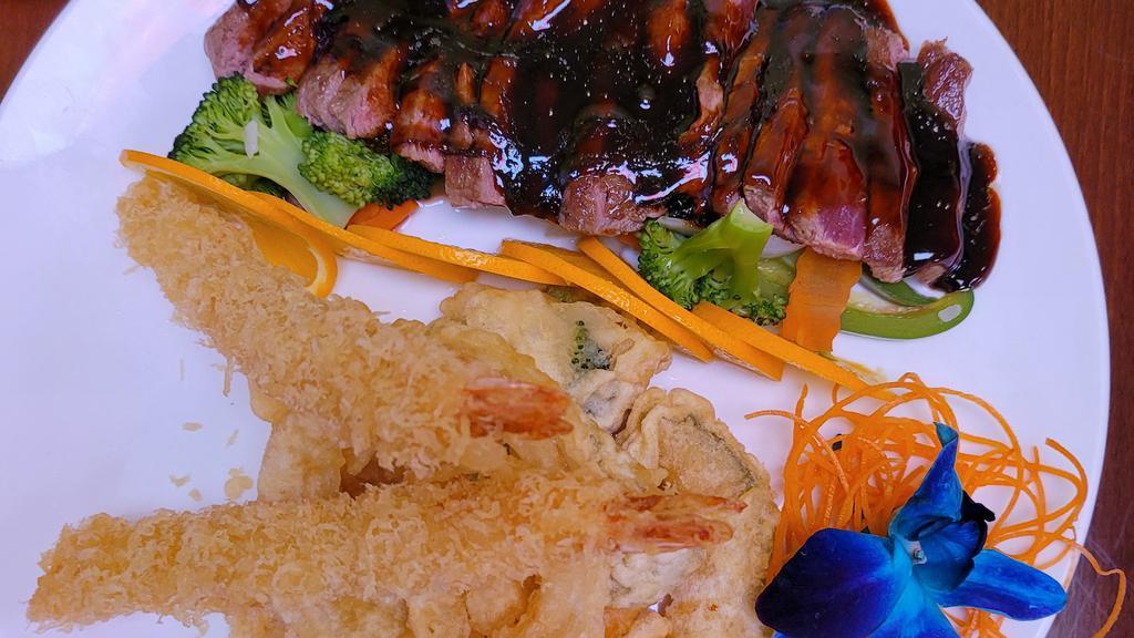 Steak Teriyaki & Shrimp Tempura Combo · Served with miso soup,house salad, white rice