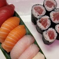 Sushi Deluxe · 10 pcs assorted sushi and 1 spicy tuna roll served with miso soup