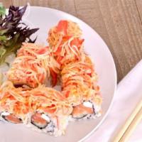 Battlefield Roll · Spicy crab salad, fish egg, scallion on top, salmon, cucumber and cream cheese inside. Raw.